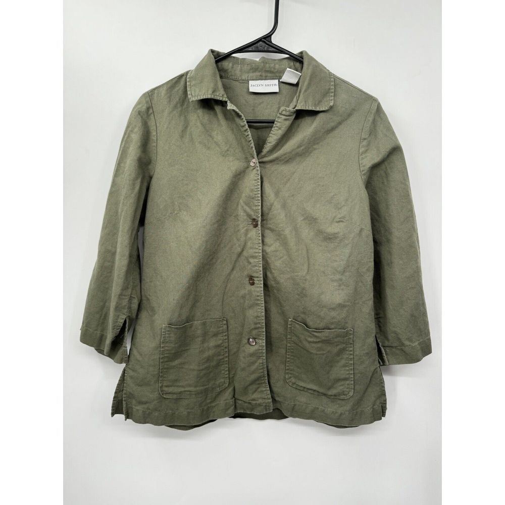 Jaclyn Smithβ Medium Linen Cotton Jacket Women Olive Green Utility Button Up